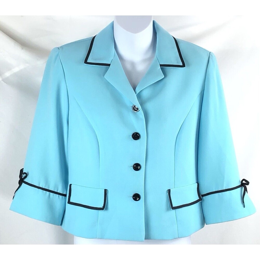 Vintage Cropped blazer jacket 6P Blue Contrast Trim 3/4 Sleeve Bows 60s Retro